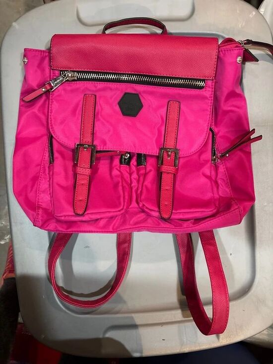 Handbags - hot pink nylon backpack with dual front buckle pockets and silver-tone hardware